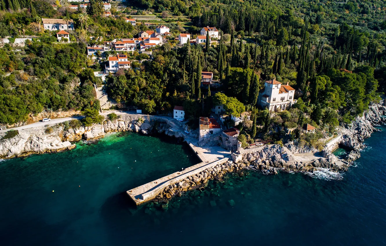 Фото обои море, город, причал, Хорватия, Адриатика, Croatia, Luka Trsteno, Трстено