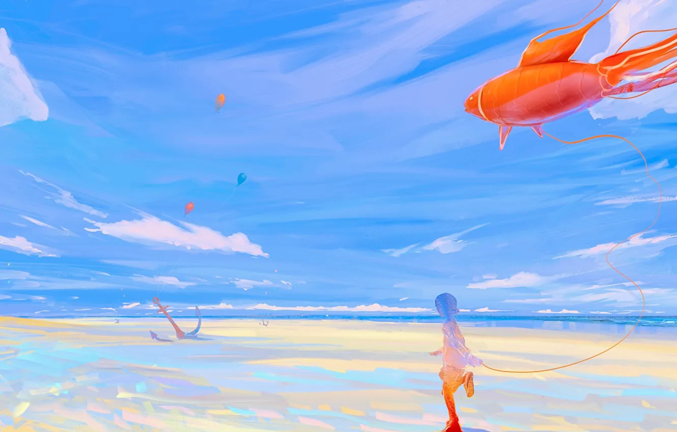 Фото обои море, рыбка, девочка, воздушные шарики