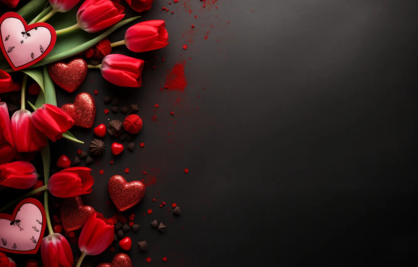 Фото обои любовь, цветы, подарок, романтика, сердце, тюльпаны, red, love