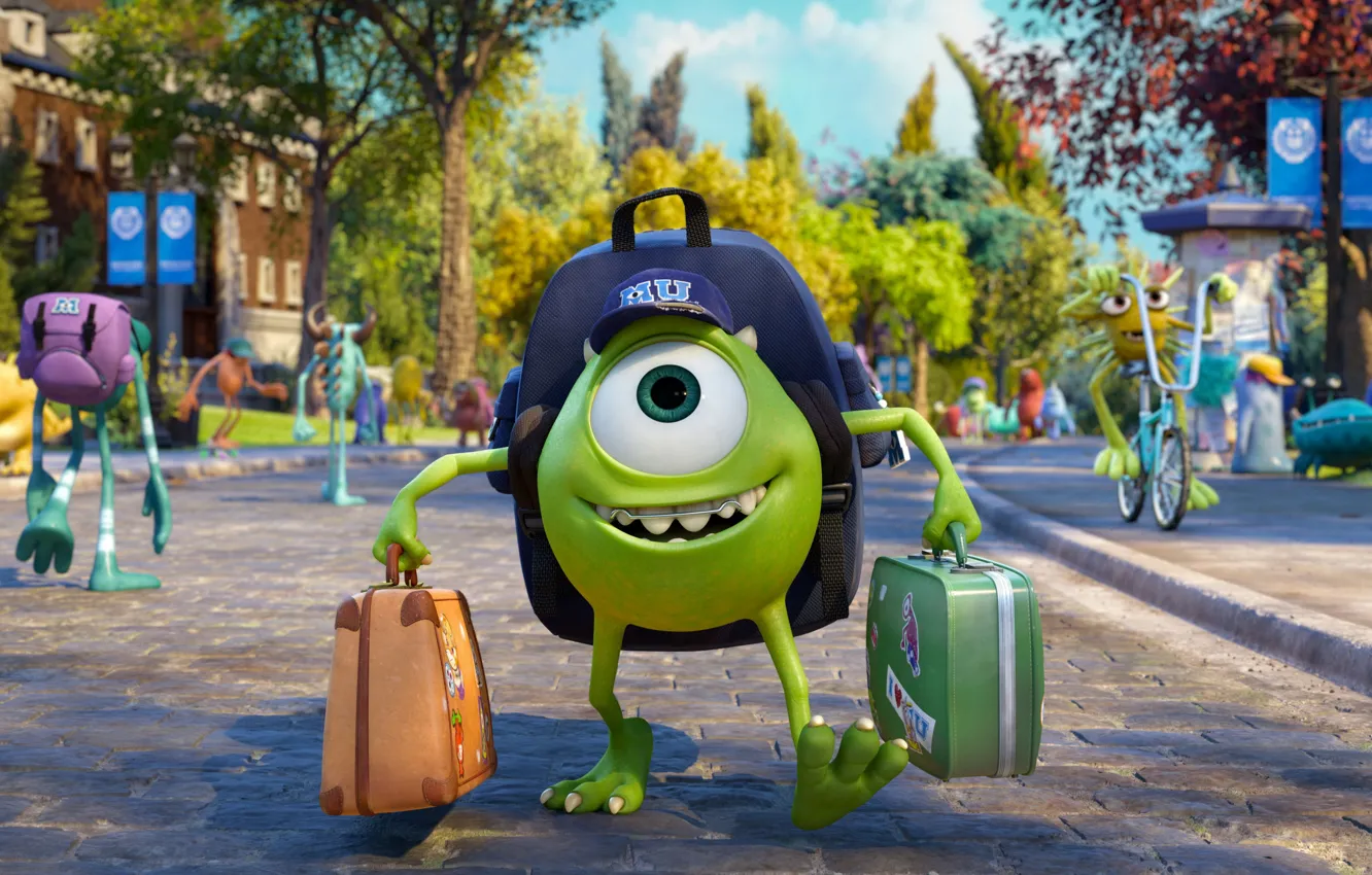 Фото обои Монстры, Disney, Pixar, Чемодан, Радость, Кепка, Mike Wazowski, Monsters university