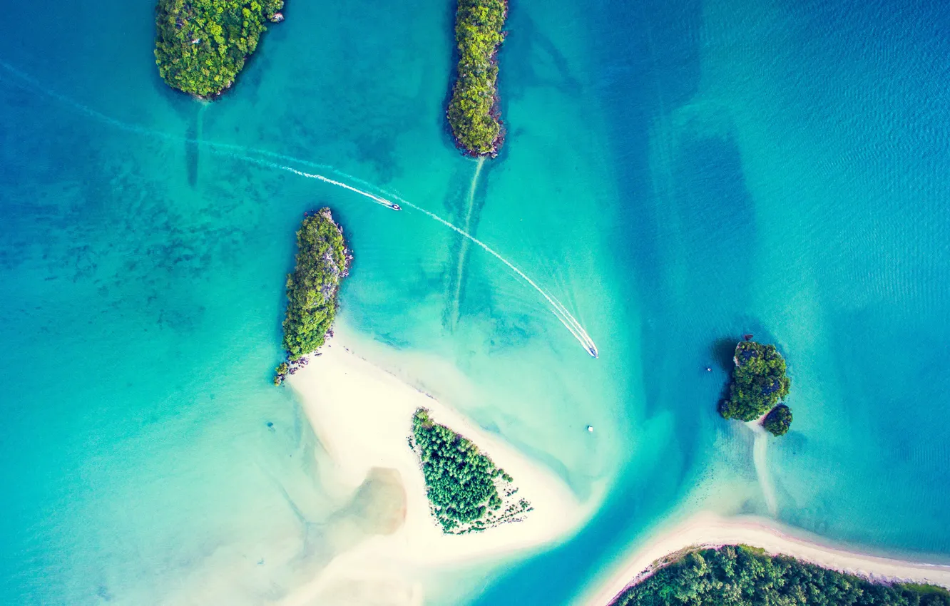 Фото обои песок, море, пальмы, остров, катер, прогулка, вид сверху