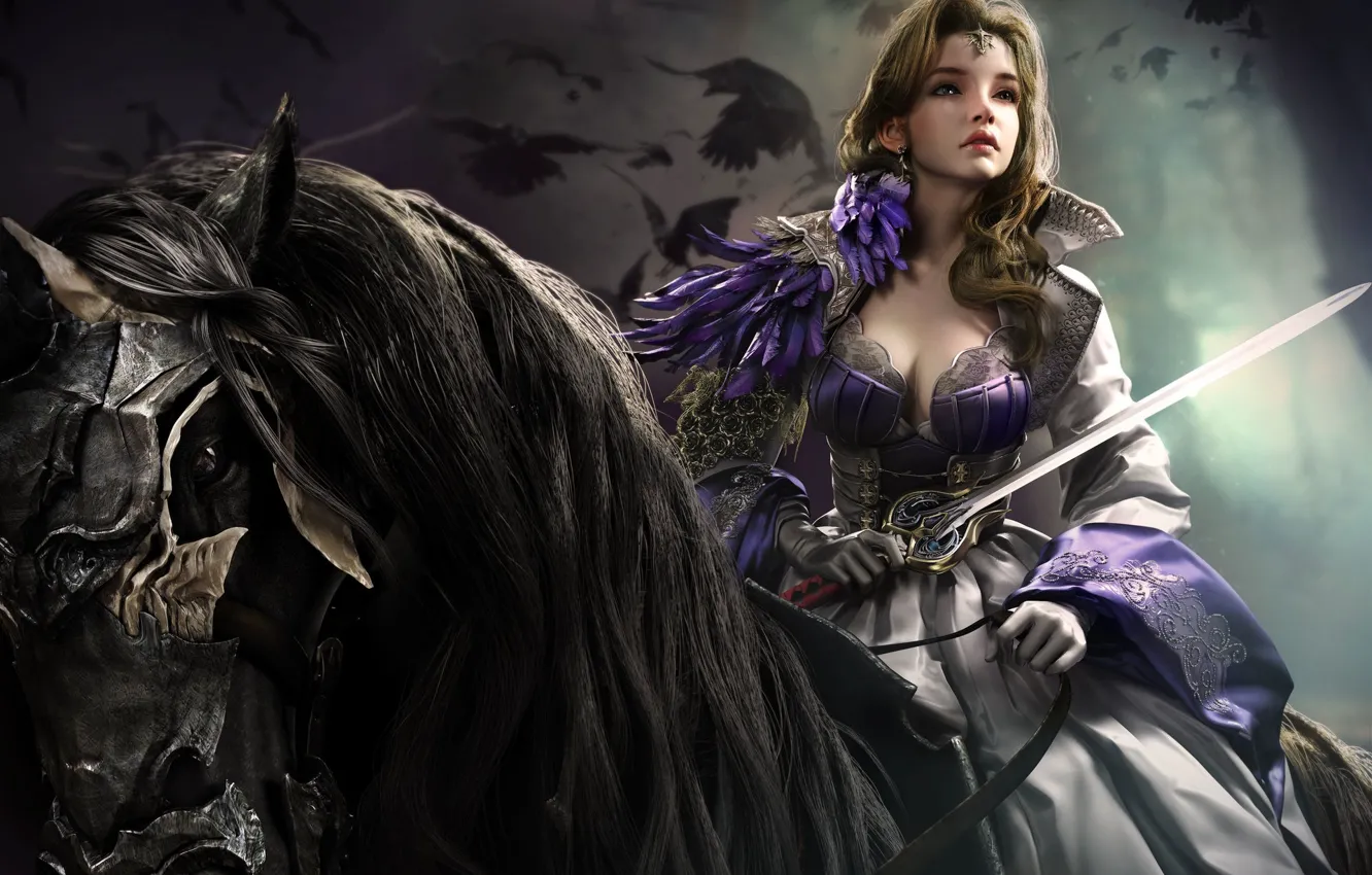 Фото обои sword, fantasy, cleavage, armor, dress, weapon, horse, digital art