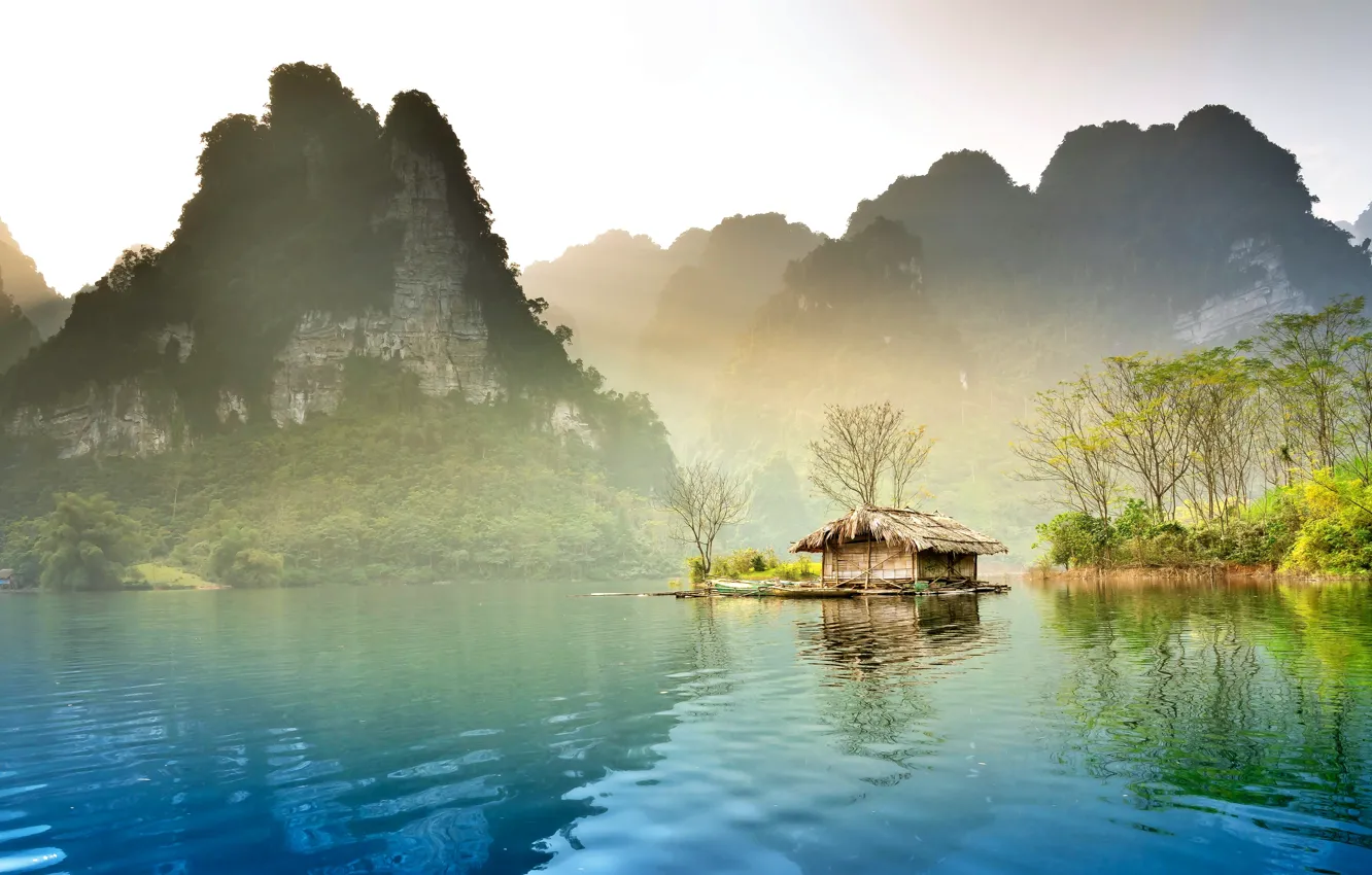 Фото обои вода, пейзаж, горы, обои, хижина, Вьетнам, картинка, водоём