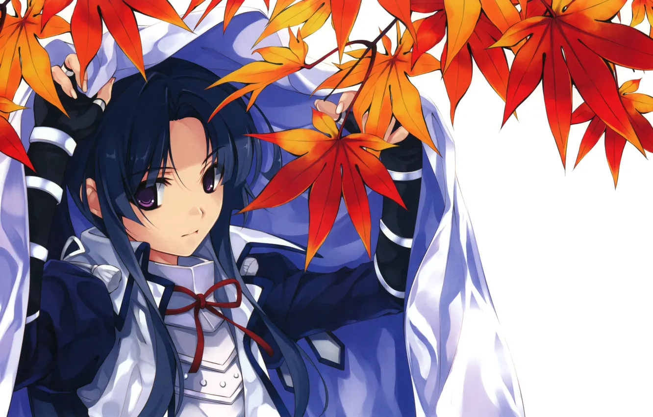 Фото обои листья, девушка, uesugi kenshin