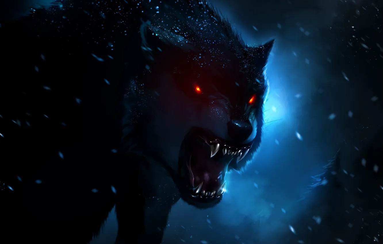 Фото обои ночь, тьма, волк, арт, зло, охотник