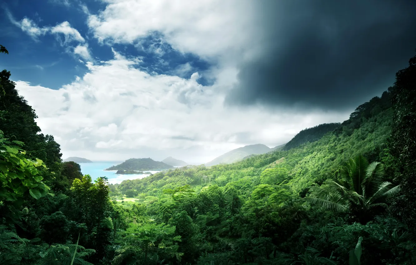 Фото обои море, зелень, небо, острова, облака, тропики, джунгли, Jungle