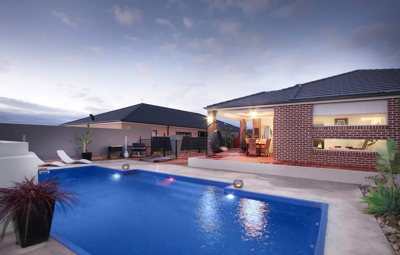 Фото обои house, sunset, garden, home, swimming pool