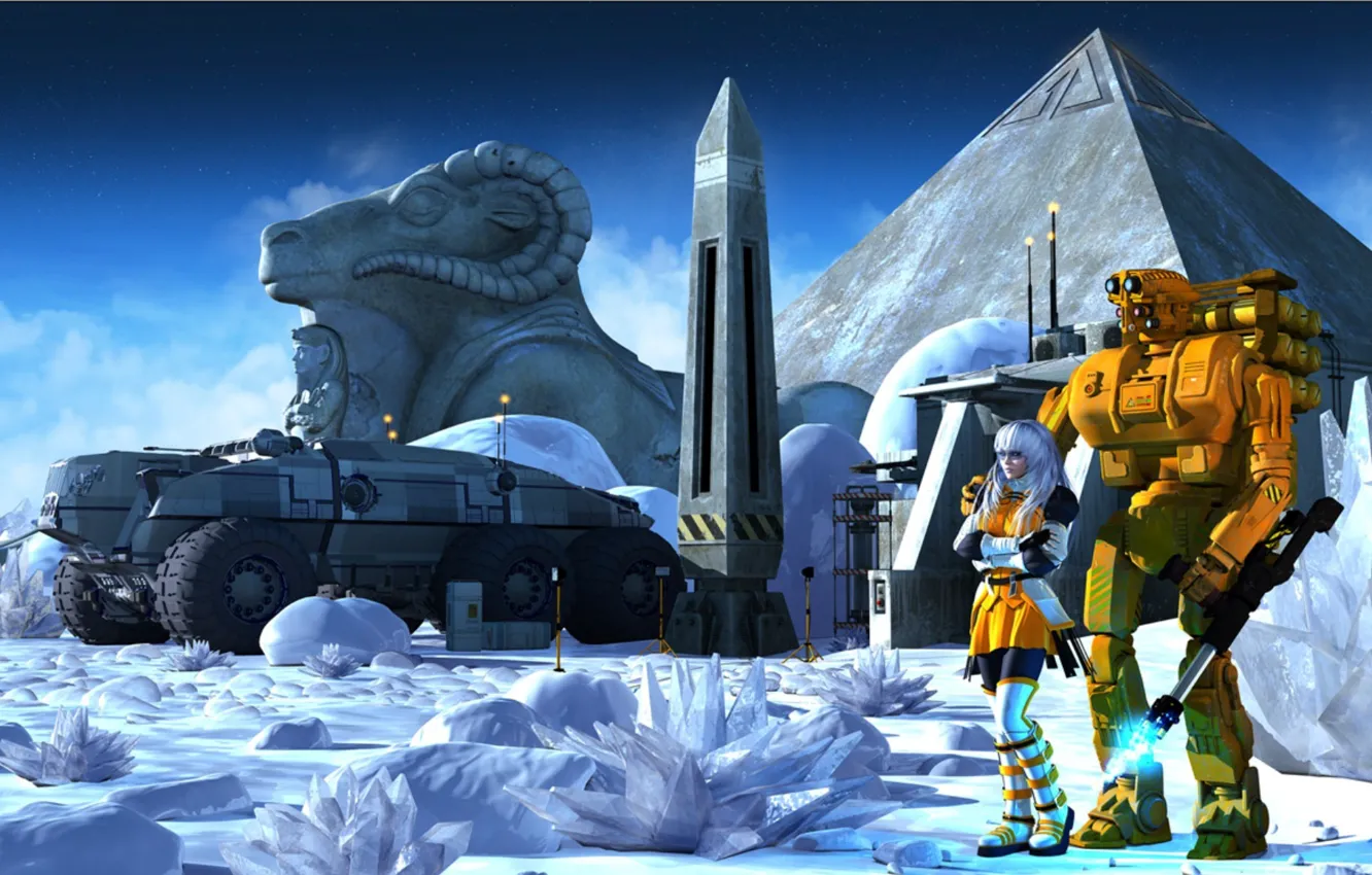 Фото обои машина, девушка, снег, планета, робот, лёд, кристал, Lost pyramid of Callisto