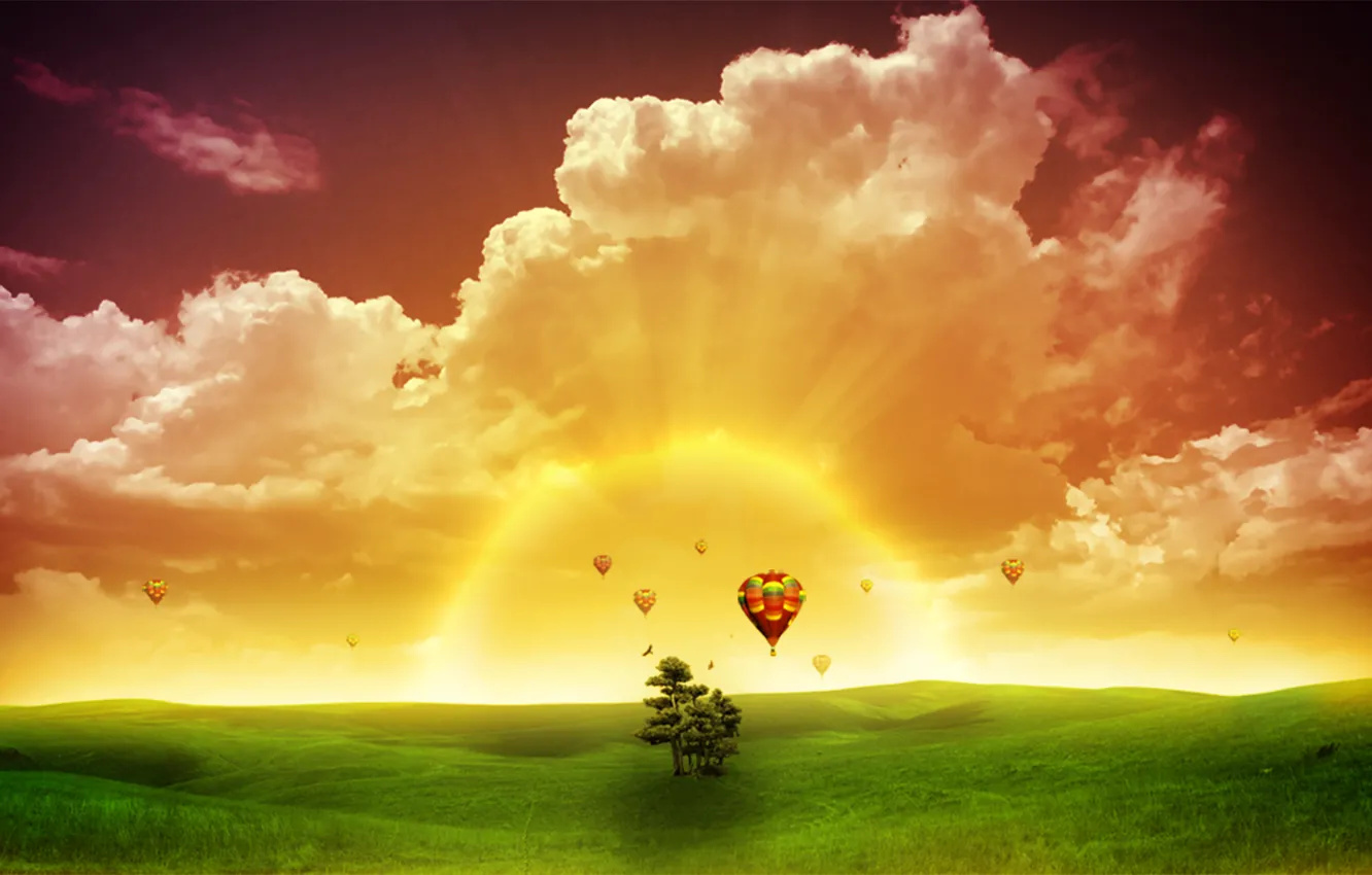 Фото обои Закат, Солнце, Свет, Мир, Летающие шары