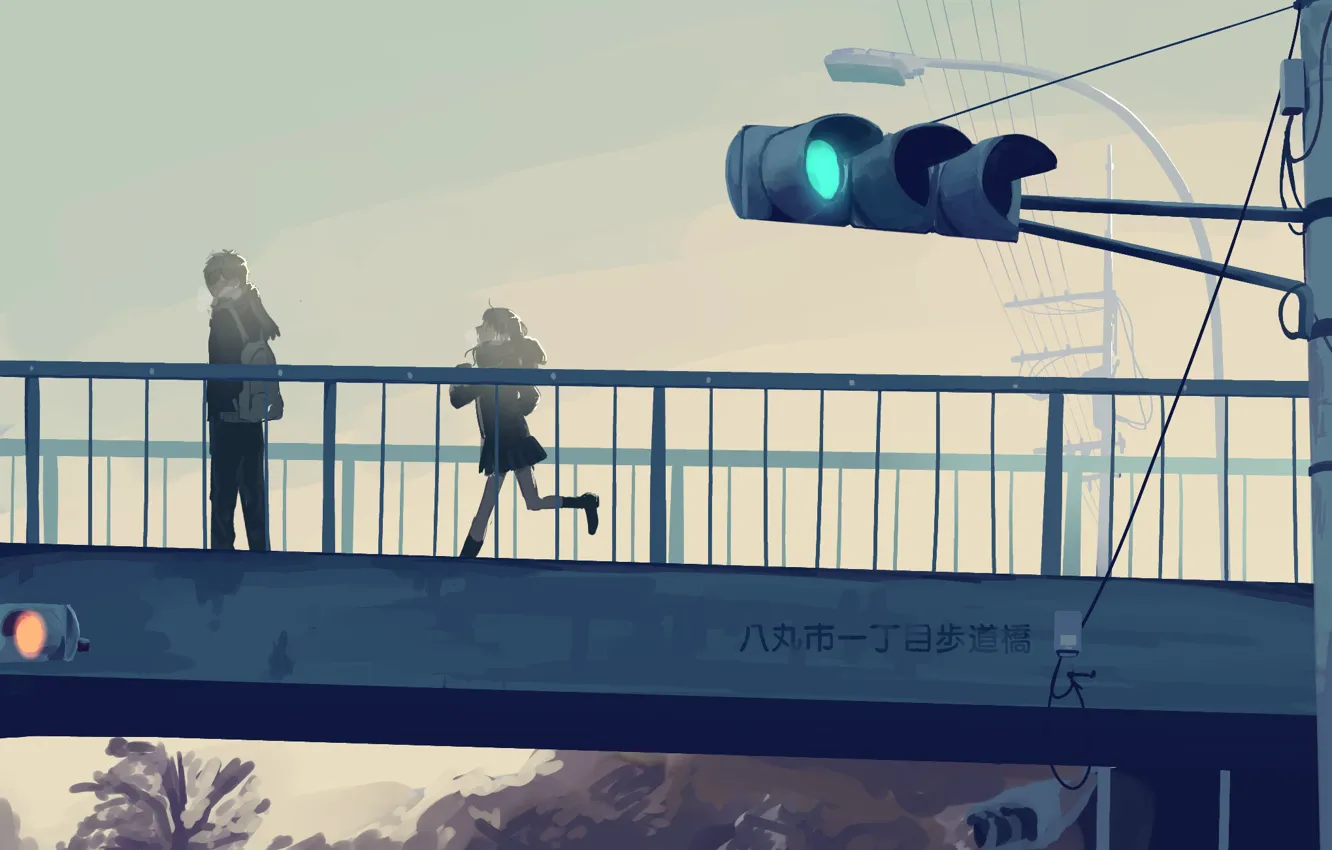 Фото обои девушка, мост, светофор, парень