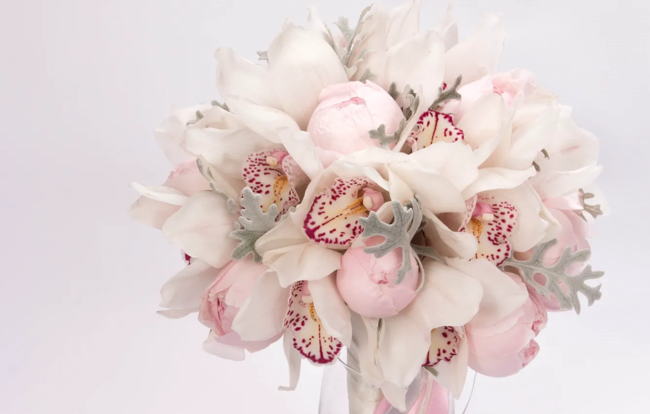 Фото обои макро, нежность, букет, орхидея, пионы