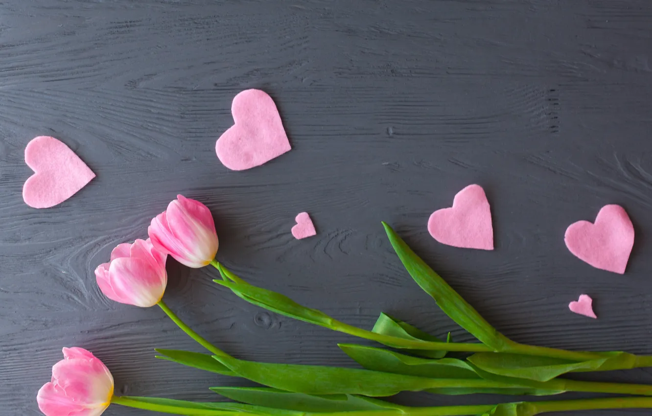 Фото обои цветы, букет, сердечки, тюльпаны, love, розовые, wood, pink