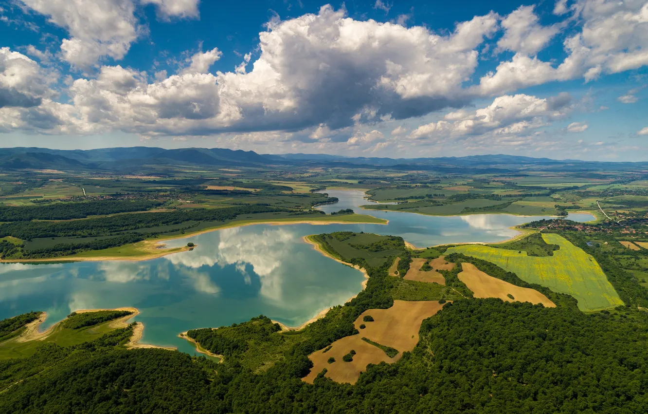 Фото обои небо, река, водоем, берега, выд с высоты