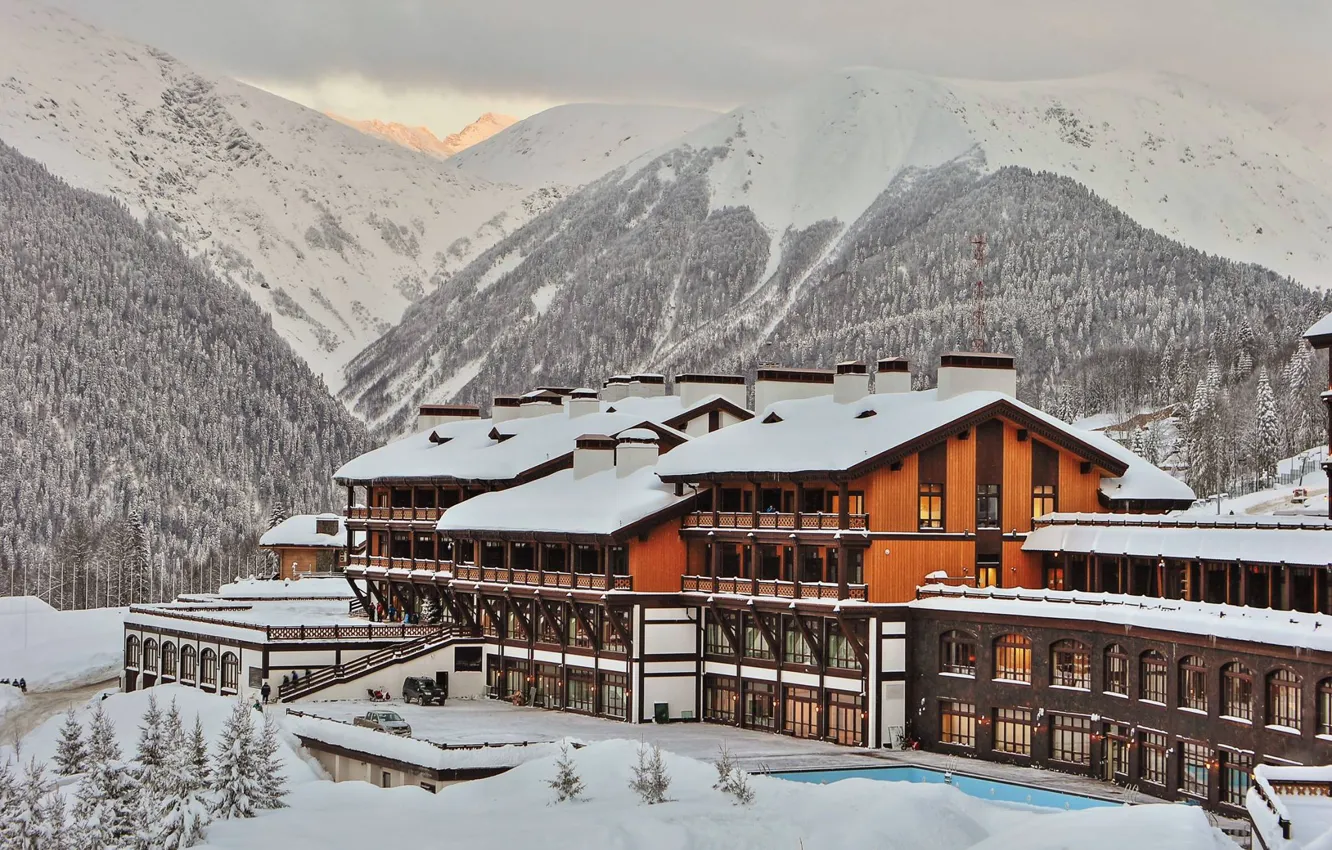 Фото обои зима, снег, горы, отель