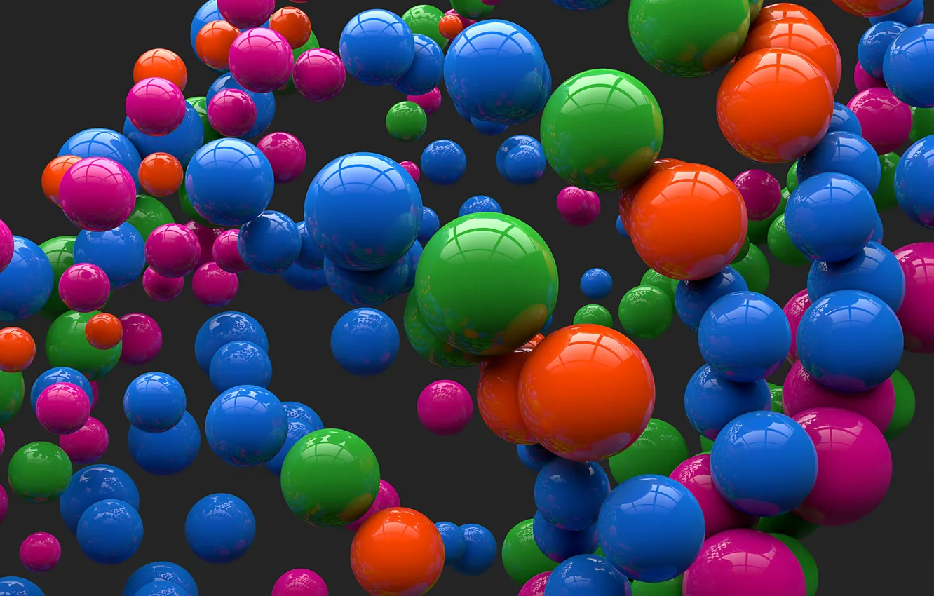 Фото обои шарики, отражение, шары, цветные, арт, серый фон, сферы