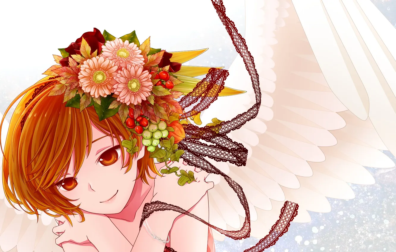 Фото обои девушка, цветы, улыбка, ленты, крылья, ангел, аниме, арт