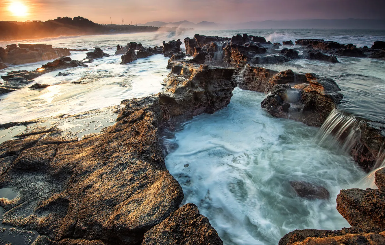 Фото обои восход, камни, побережье, Индонезия, Индийский океан, Indonesia, Indian Ocean, West Java