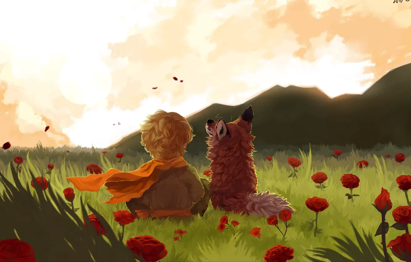 Фото обои fox, field, landscape, art, flowers, mountains, painting, child