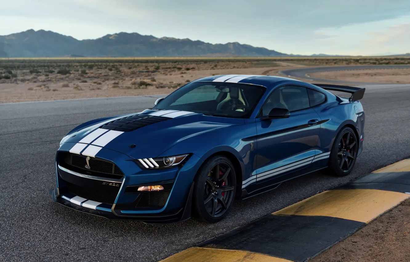 Фото обои синий, Mustang, Ford, Shelby, GT500, трек, 2019
