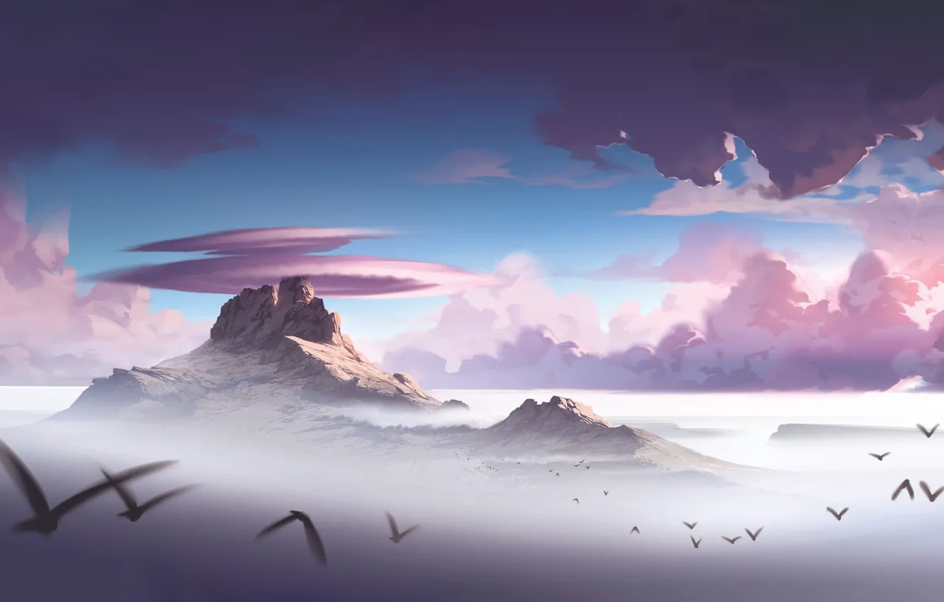 Фото обои Небо, Облака, Горы, Скалы, Птицы, Пейзаж, Illustration, Concept Art