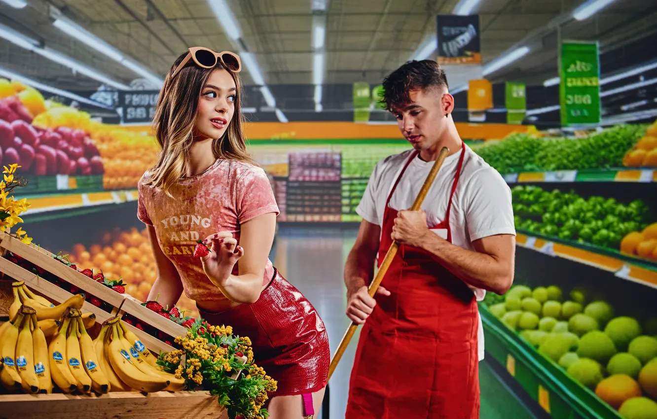 Фото обои Green, beautiful girl, vegetables, Porn Star, Porn Actress, Deeper, supermarket, Molly Little