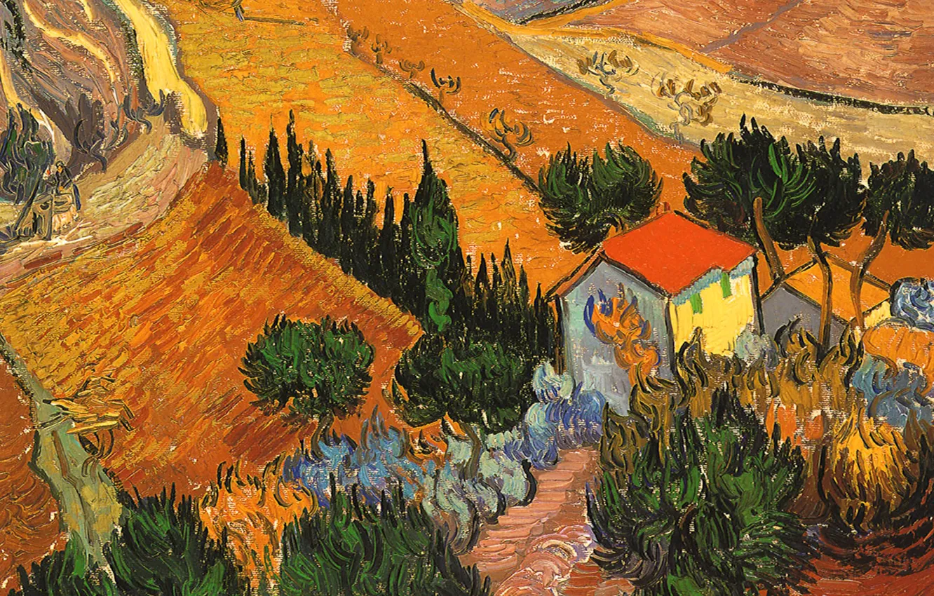 Фото обои поле, деревья, пейзаж, дом, картина, Винсент Ван Гог