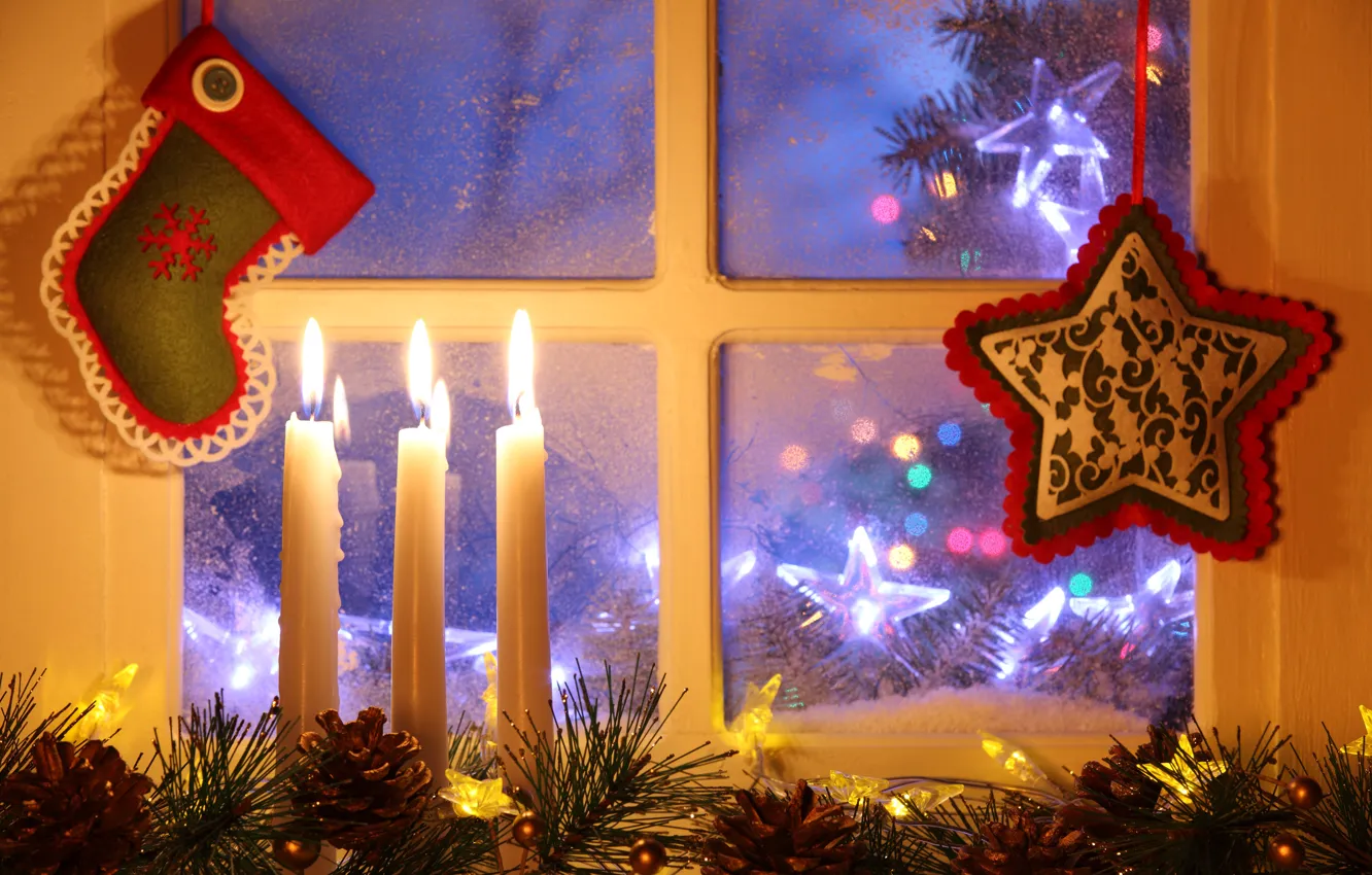 Фото обои зима, снег, Новый Год, Рождество, light, Christmas, window, Xmas