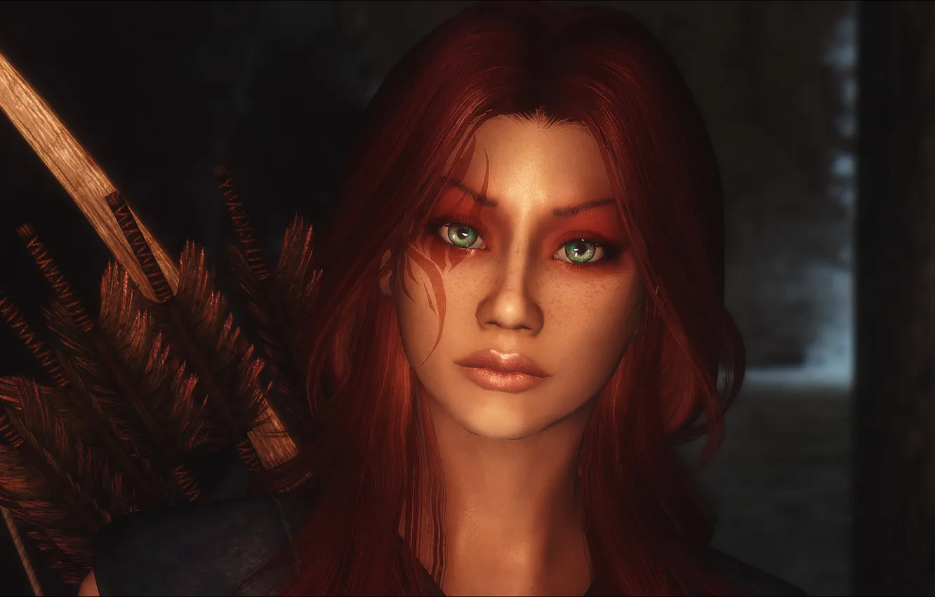 Фото обои взгляд, девушка, лицо, игра, стрелы, зеленые глаза, скайрим, The Elder Scrolls V Skyrim