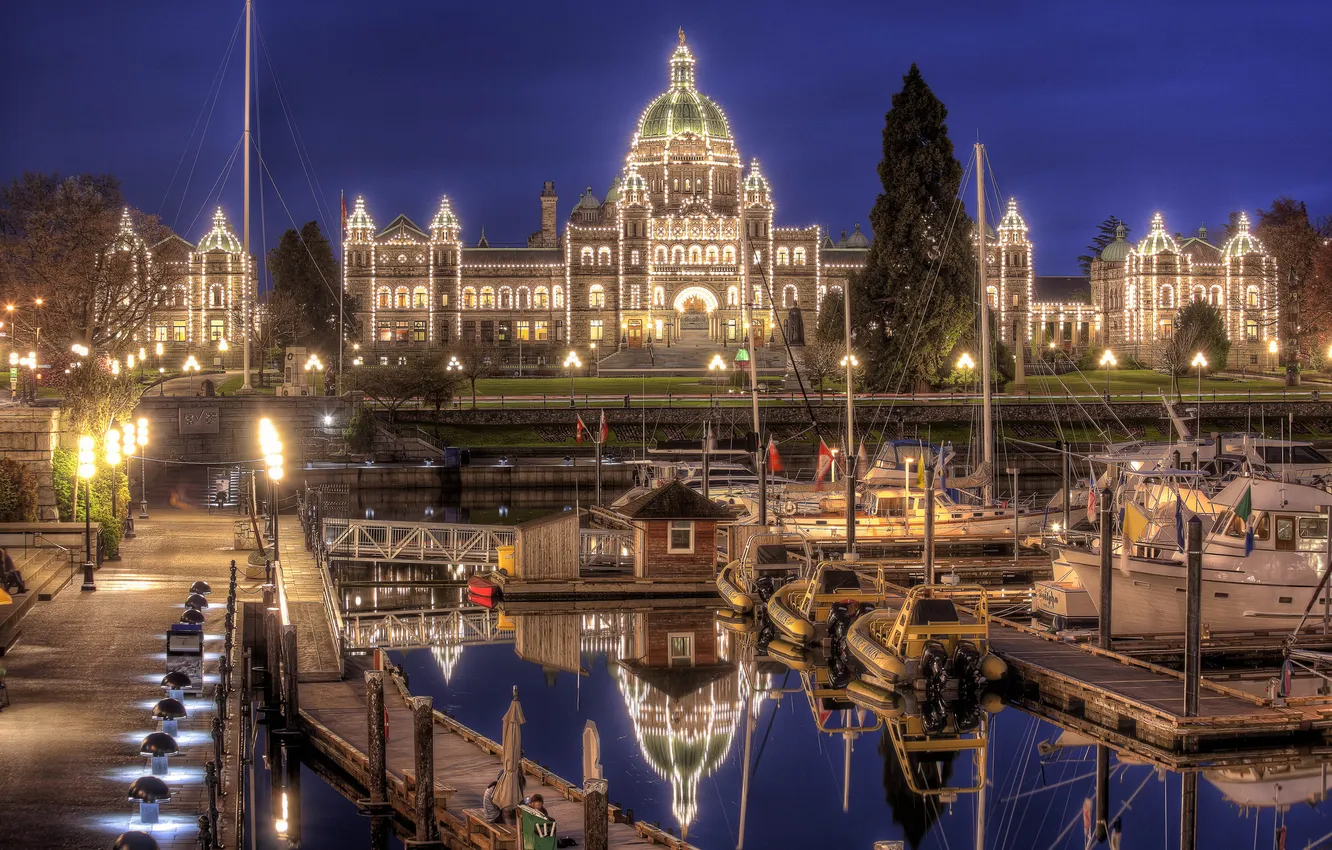 Фото обои пристань, яхты, Виктория, Канада, Canada, ночной город, парламент, Victoria