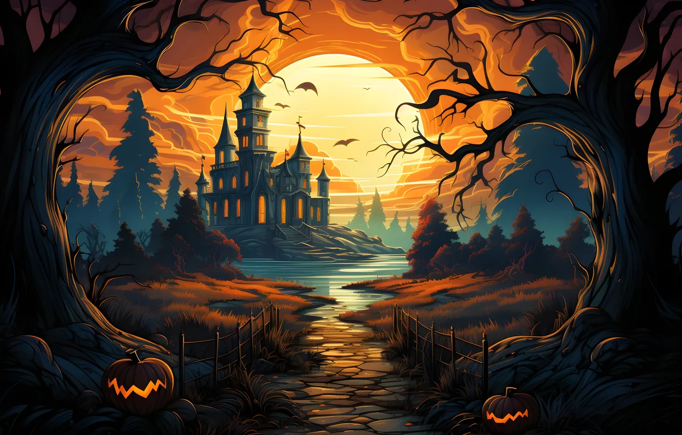 Фото обои Дома, Дорога, Ночь, Деревья, Луна, Тучи, Тыквы, Halloween