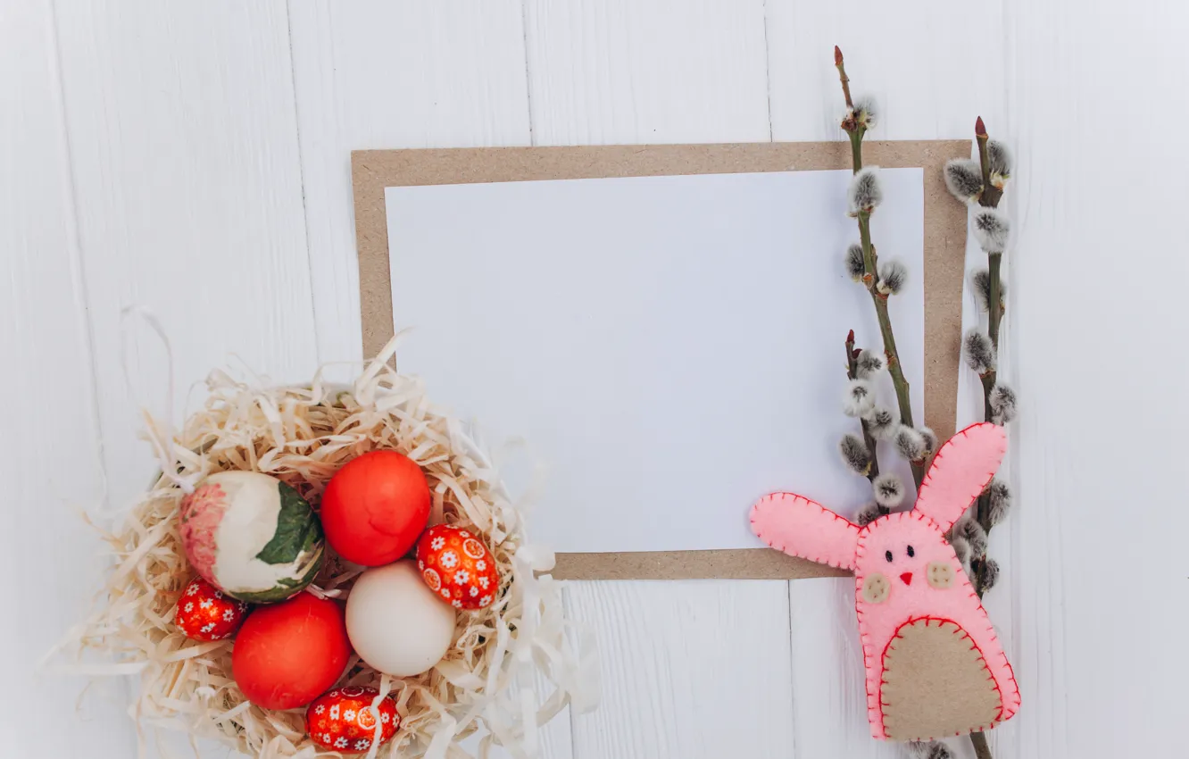 Фото обои игрушка, яйца, Весна, кролик, пасха, гнездо, Праздник, веточки
