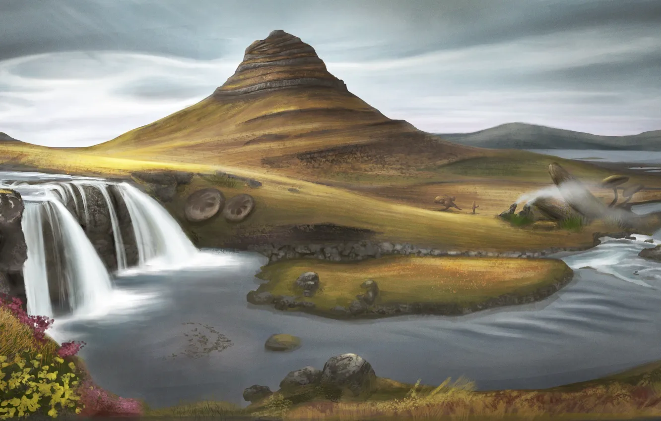 Фото обои трава, облака, река, холмы, водопад, арт, нарисованный пейзаж