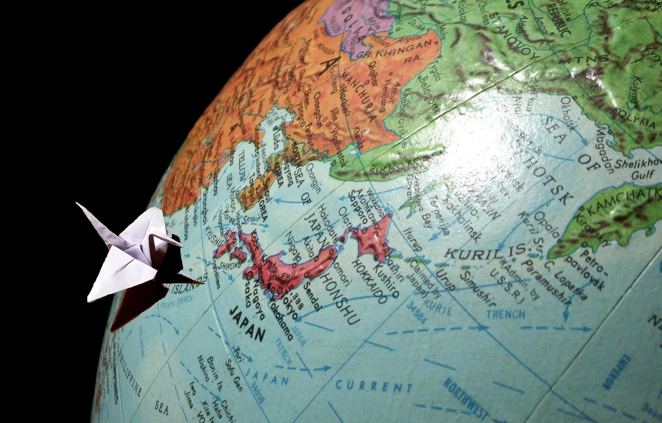 Фото обои океан, мир, япония, карта, глобус, оригами, страна