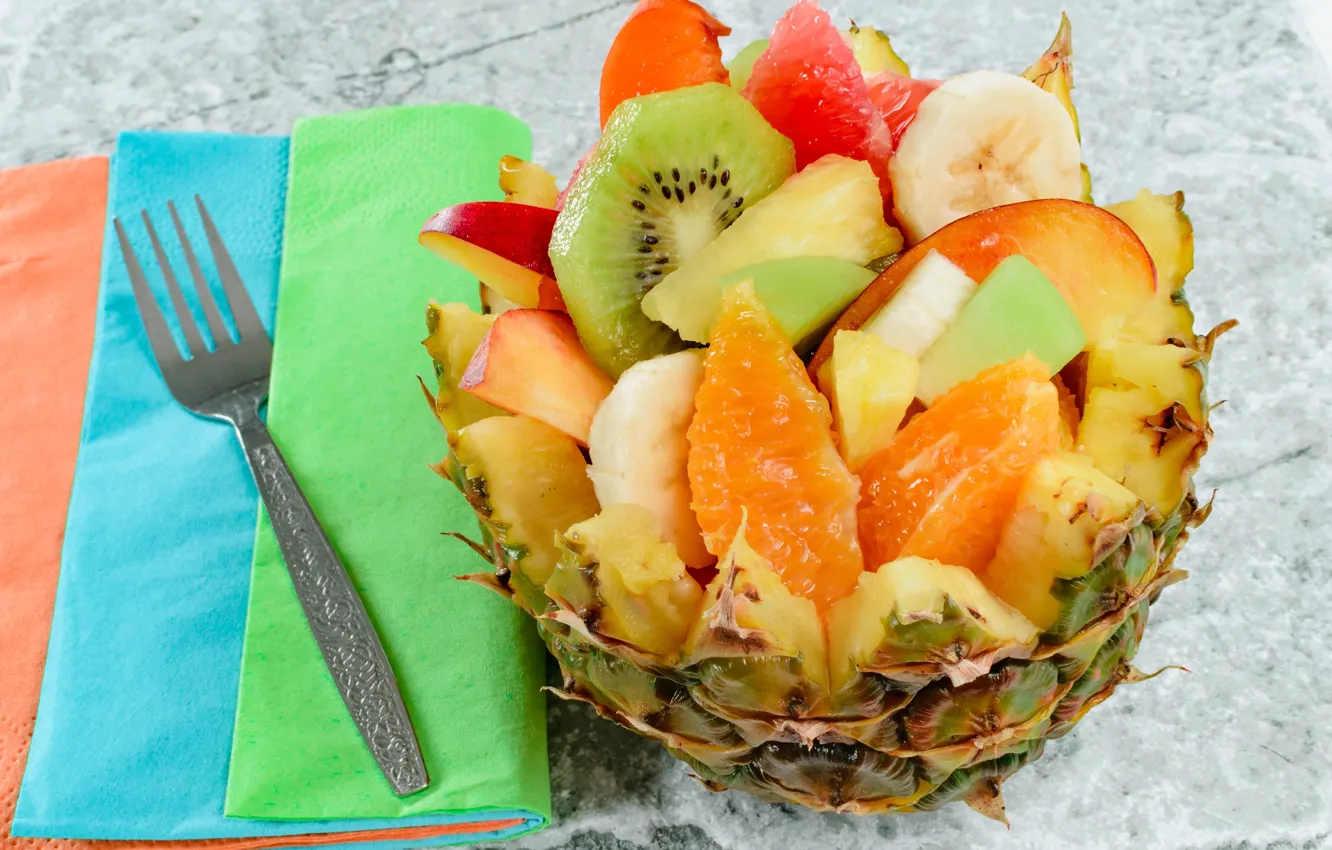 Фото обои яблоко, апельсин, киви, ананас, банан, десерт, фруктовый салат
