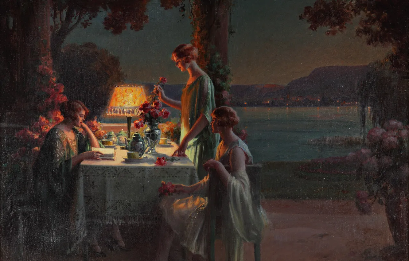 Фото обои цветы, вечер, чаепитие, Академизм, Дельфин Анжольра, Молодые женщины, на берегу озера