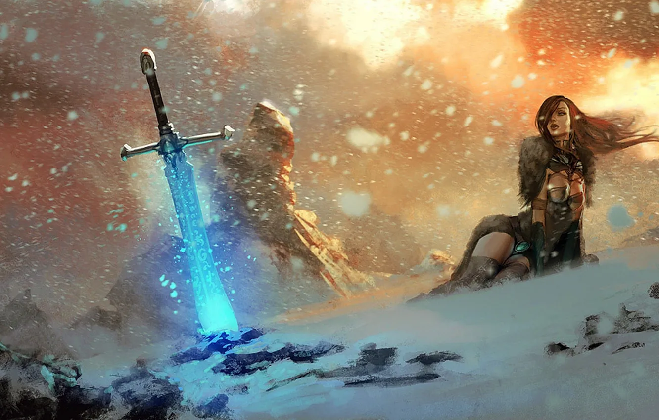 Фото обои снег, скалы, огонь, магия, Девушка, меч, руны
