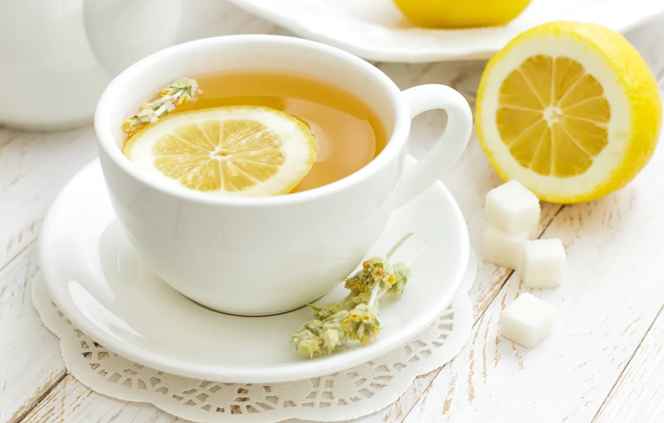 Фото обои лимон, чай, кружка, сахар, блюдце