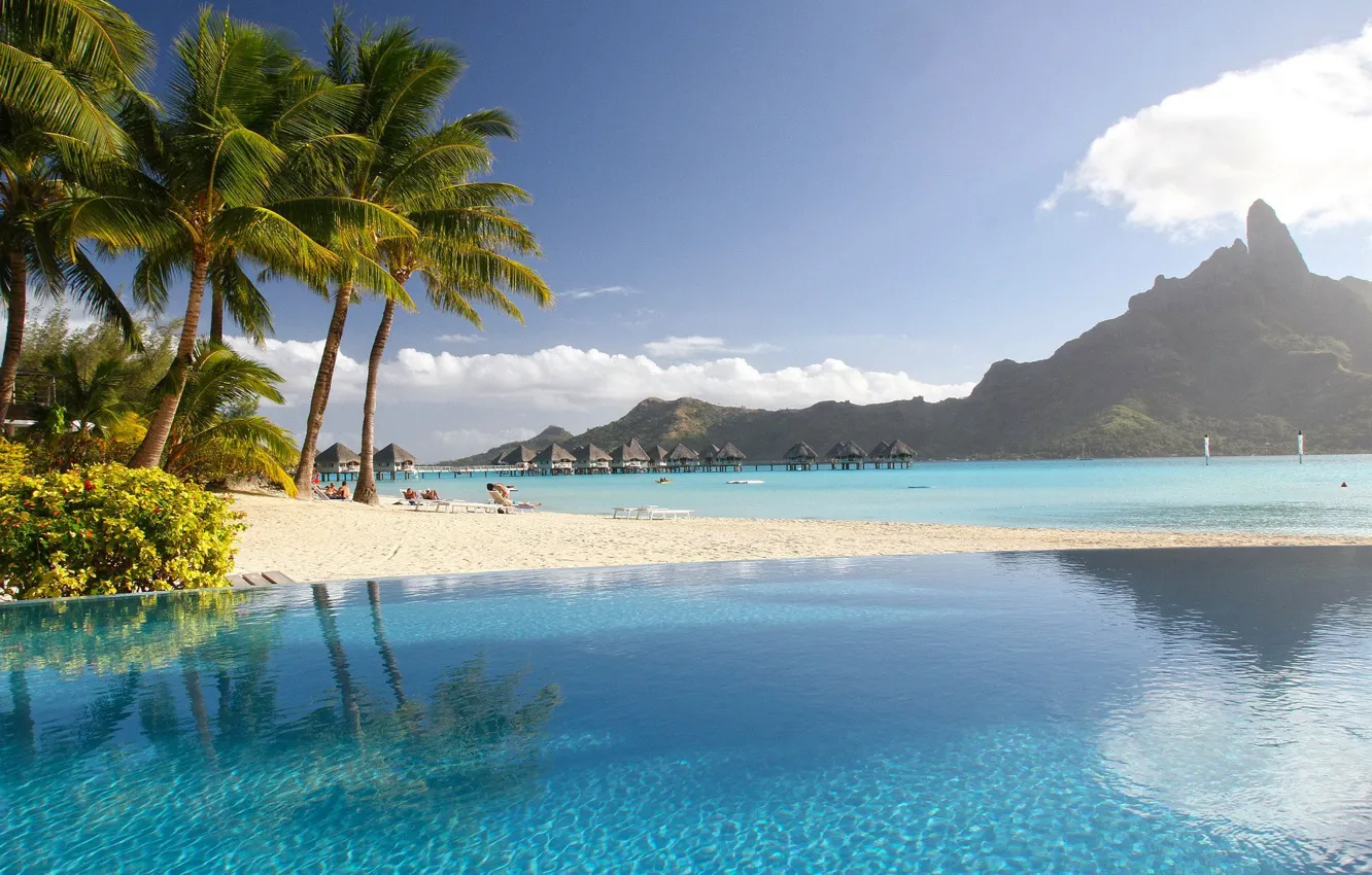 Фото обои пляж, тропики, пальмы, бассейн, курорт, экзотика, лагуна