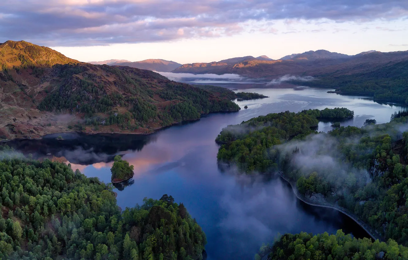 Фото обои лес, горы, озеро, Шотландия, панорама, Scotland, Грампианские горы, Loch Katrine