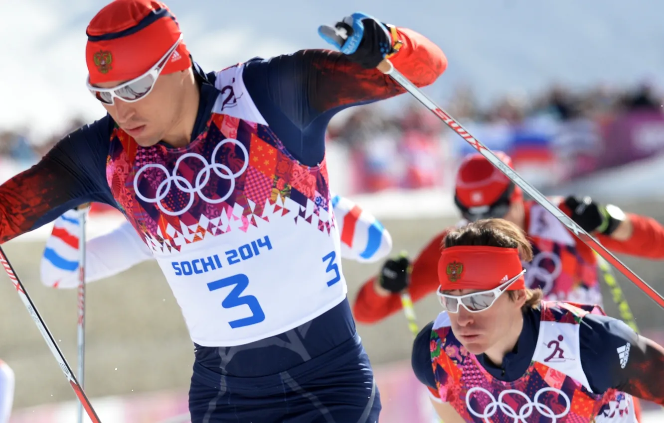 Фото обои Лыжники, Россия, Олимпиада, чемпионы, Сочи 2014, Александр Легков, лыжный марафон, Максим Вылегжанин