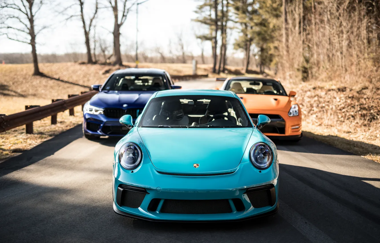 Фото обои 911, Porsche, BMW, GTR, Orange, Nissan, Blue, Front