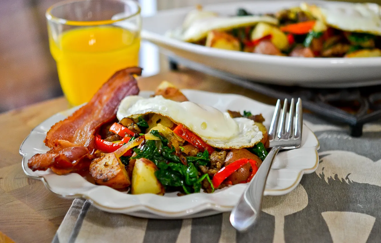 Фото обои яйцо, завтрак, сок, тарелка, вилка, бекон