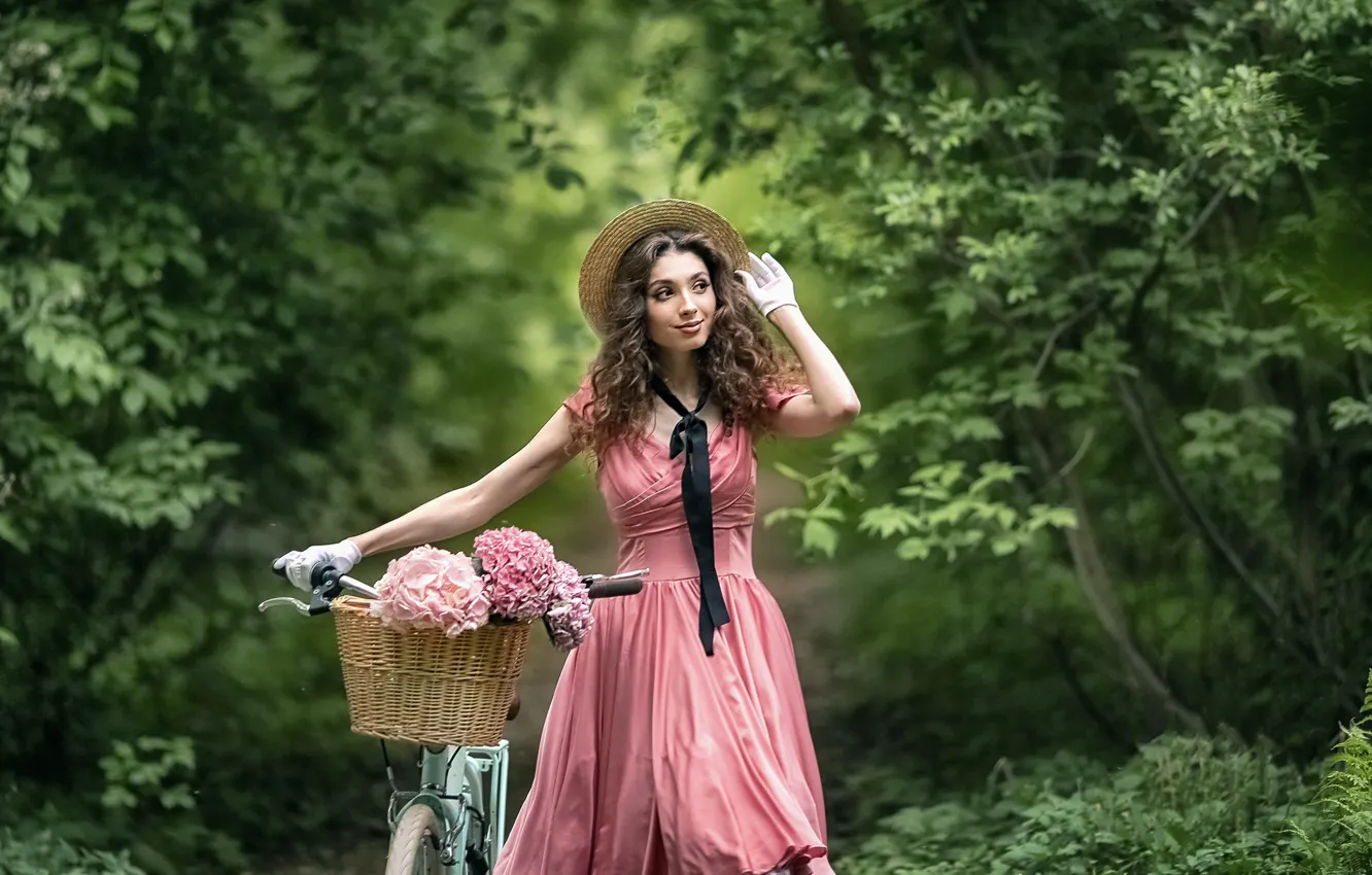 Фото обои девушка, цветы, природа, велосипед, поза, настроение, корзина, платье