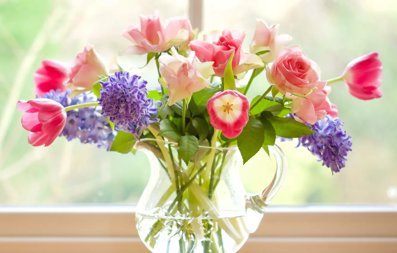 Фото обои розы, букет, тюльпаны, кувшин, гиацинты
