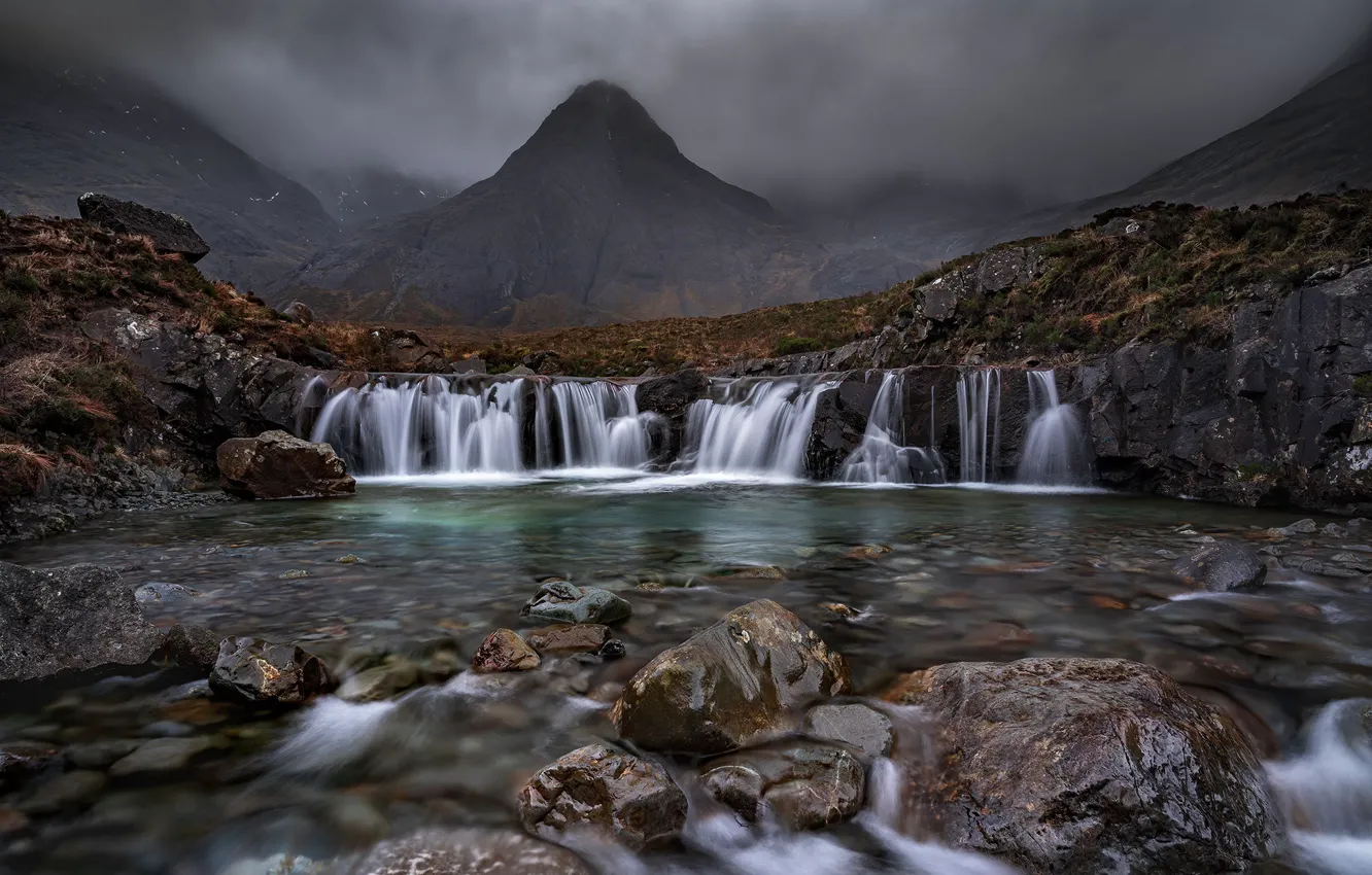 Фото обои горы, река, камни, холмы, водопад, Шотландия, каскад, Scotland