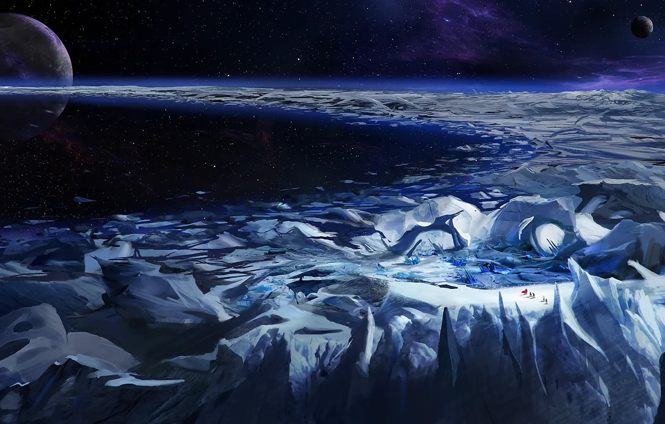 Фото обои лед, космос, звезды, туманность, планеты, ледник, кольцо, путники