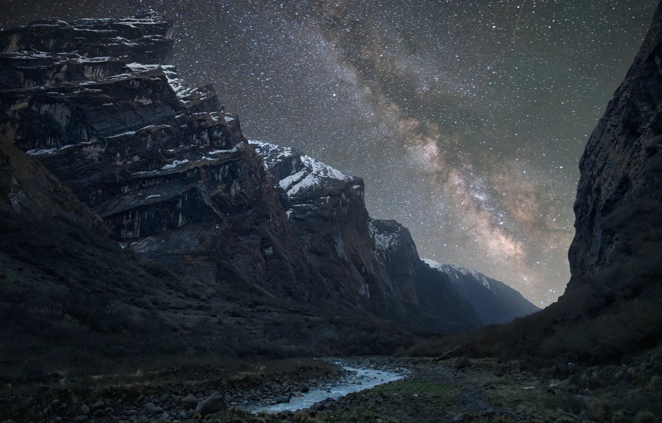 Фото обои Sky, Stars, Landscape, Mountain, Night, Valley, Creek, Long Exposure