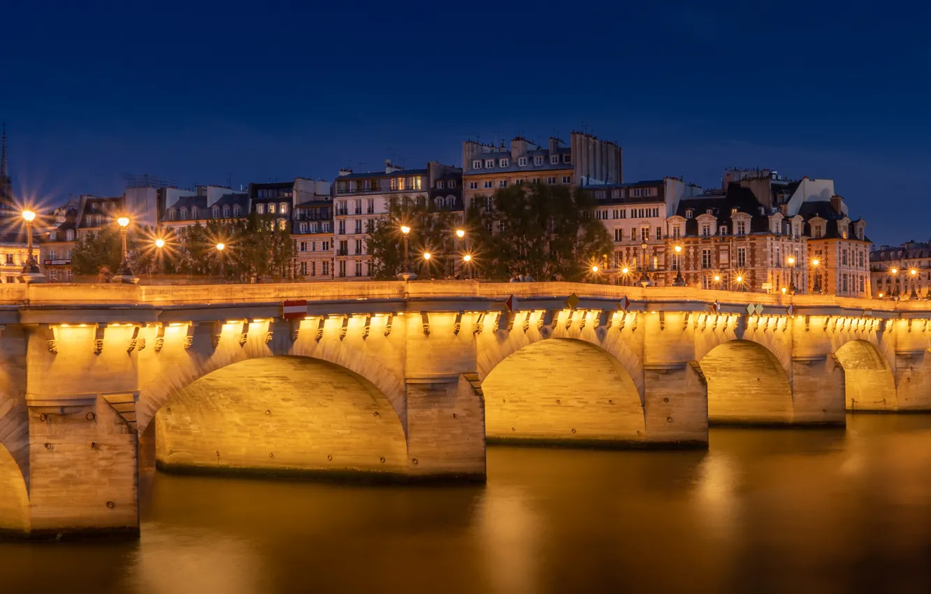 Фото обои небо, свет, ночь, мост, город, огни, синева, Франция