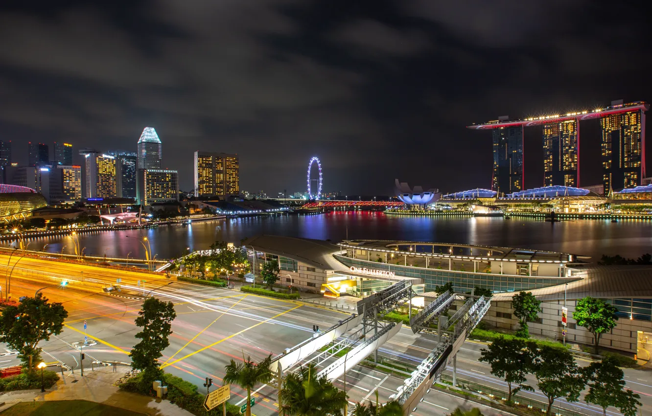 Фото обои ночь, огни, здания, фонари, залив, Сингапур