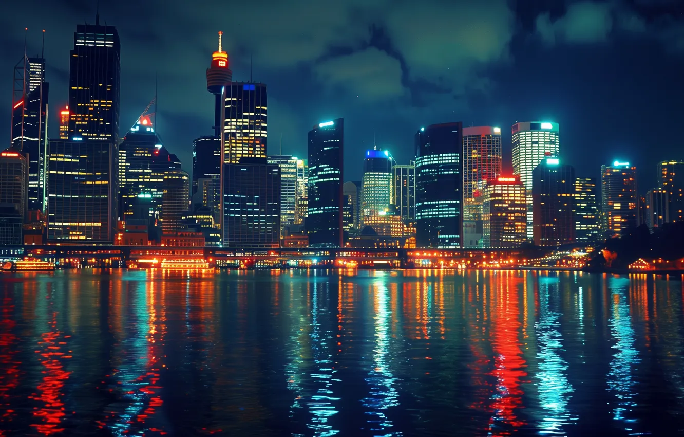 Фото обои city, colorful, skyline, water, reflection, AI Art